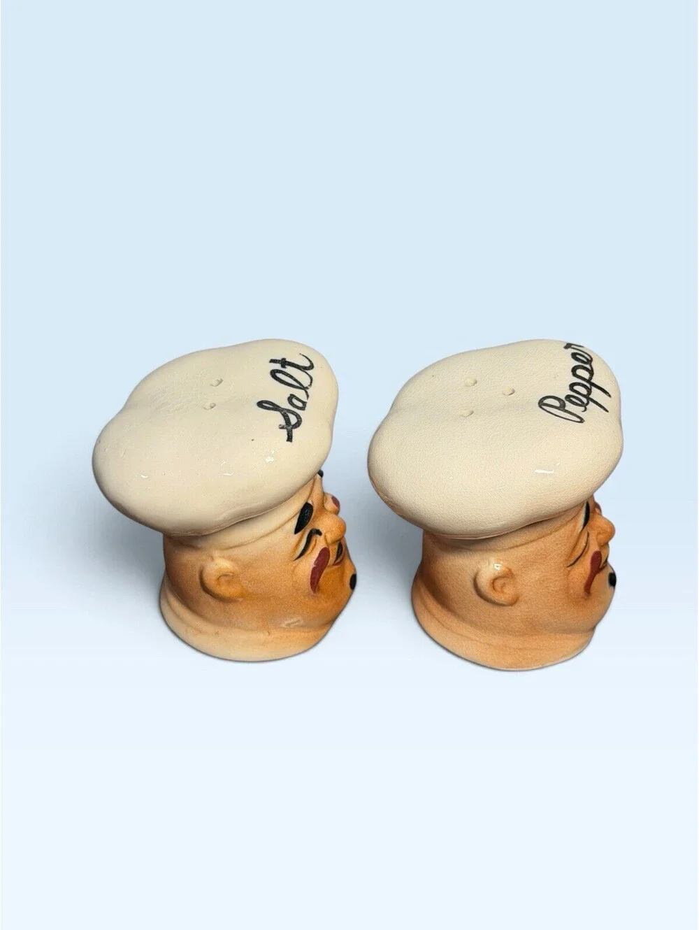 Vtg 50’s Chef Jolly Cook Salt & Pepper Shakers Range Set Toque Hat Japan Trinket